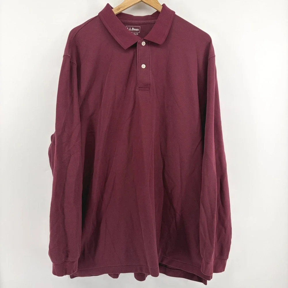 LL Bean Mens Long Sleeve Polo Shirt Burgundy Cotton Size XL TALL - Picture 2 of 7